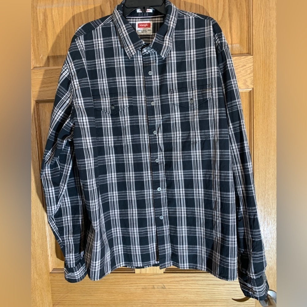 Wrangler Shirt Mens 3XL Black Cream Plaid Button Up Long Sleeve Flex For Comfort